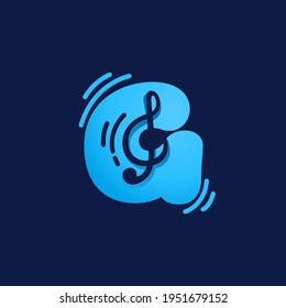 Letter G logo with musical note. Vector negative space style icon for Sound media company, Audio magazine, Song and Dance  poster.