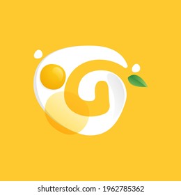 Letter G logo on a Fried Egg with green leaf and splashes. Negative space vector icon for farm company, ecology cafe, tasty poster, fast food restaurant.