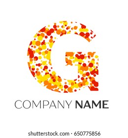 Letter G logo with orange, yellow, red particles and bubbles dots on white background. Vector template for your design