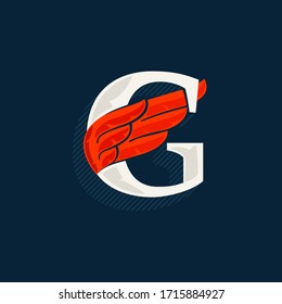 Letter G logo with red wing. Classic serif font with shadow made of lines. Vector icon perfect for sport labels, shipping posters, power identity, etc.