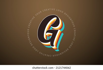 Letter G logo with retro pop art design. Handwritten letter with vintage typeface and rounded text frame. Retro Typeface. Vector Font Illustration.