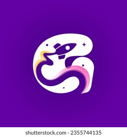 Letter G logo with rocket launch trail, planets, and stars. Negative space style icon. Vector typeface for science identity, planet travel app, chemistry posters, jet company, and biology advertising.