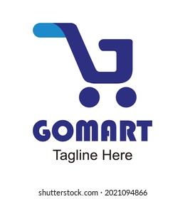 Letter G logo with shopping trolley icon. Go mart logo, shopping logo, supermarket, trademark, online shopping, etc
