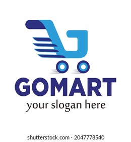 Logo de la letra G con icono del carro de la compra. Logotipo de Go mart, logotipo de compras, supermercado, marca comercial, compras en línea, etc