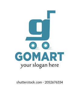 Letter G logo with shopping trolley icon. Go mart logo, shopping logo, supermarket, trademark, online shopping, etc