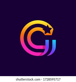 Letter G logo with star inside. Vector parallel lines icon. Perfect font for multicolor labels, space print, nightlife posters etc.