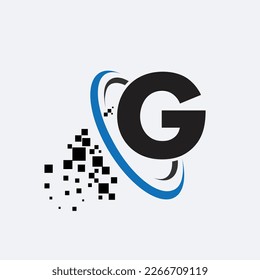 letter G logo symbol in the colorful circle with shattered blocks on white background. Pixel Motion. Template for your design