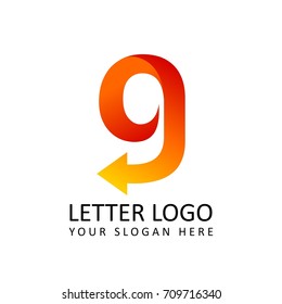 letter G logo template orange round ribbon with arrow head