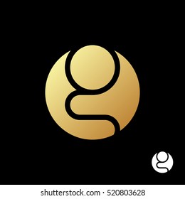 Letter G logo template. Silhouette of a gold praying man in a circle. Golden sticker on a black background. Creative symbol for company identity, advertising, poster, leaflet, banner, web and flyer.