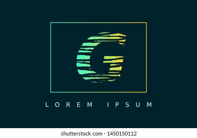 Letter G logo vector with green line box. wood texture style
