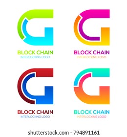 Letter G logos Colorful shape with Blockchain Technology and Abstract Interlocking, Bitcoin Cryptocurrency data, Digital connect link network Concept