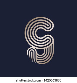 Letter G logo.Typographic icon with lowercase alphabet initial.Lettering sign in golden metallic color isolated on dark background.Modern, geometric, corporate style.
