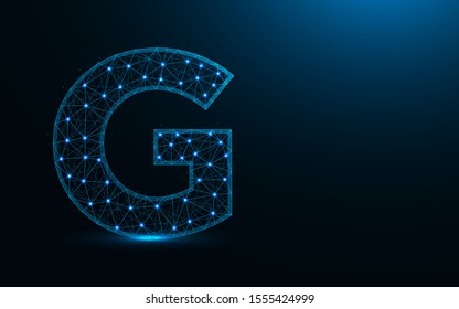 Letter G low poly design, alphabet abstract geometric image, font wireframe mesh polygonal vector illustration made from points and lines on dark blue background