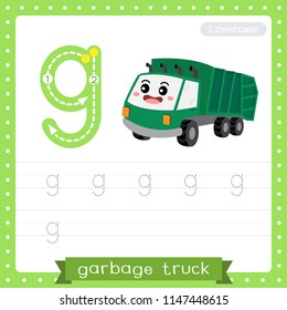 Letter G lowercase cute children colorful transportations ABC alphabet tracing practice worksheet of Garbage Truck for kids learning English vocabulary and handwriting Vector Illustration.