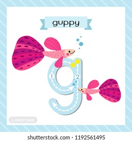 Letter G lowercase cute children colorful zoo and animals ABC alphabet tracing flashcard of Pink Guppy fish for kids learning English vocabulary and handwriting vector illustration.