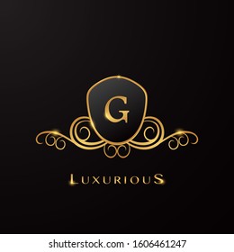 Letter G Luxurious Shield logo Golden Color, vector design concept  for luxury business, hotel, wedding service and more brand identity.
