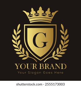 Letter G luxury gold logo concept brand logo design with a royal gold crown emblem and elegant typography
