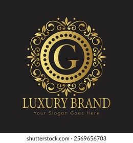 Letter G luxury gold logo concept brand logo design with a royal gold crown emblem and elegant typography
