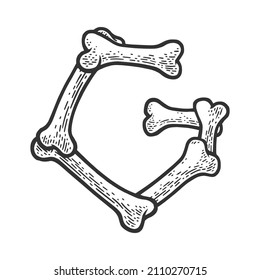 letter G made of bones sketch engraving vector illustration. Bones font. T-shirt apparel print design. Scratch board imitation. Black and white hand drawn image.