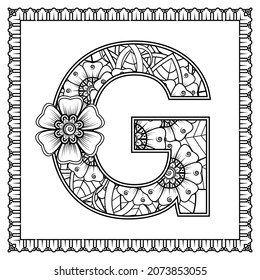 Letter G made of flowers in mehndi style. coloring book page. outline hand-draw vector illustration.