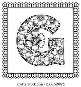 Letter G made of flowers in mehndi style. coloring book page. outline hand-draw vector illustration.
