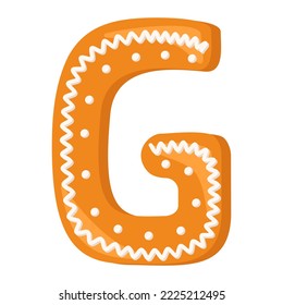 Letter G made from glazed gingerbread. Festive font, symbol of Happy New Year and Christmas, sign and letters of different shapes. Vector flat illustration