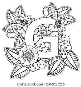 Letter G with Mehndi flower. decorative ornament in ethnic oriental style. coloring book page. 