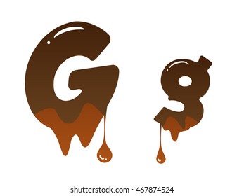 Letter G with melted chocolate theme on white background