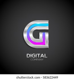 Letter G with metallic texture,3d Glossy, Digital and Technology, metal texture,  silver, steel and realistic shadow for logo, Vector illustration