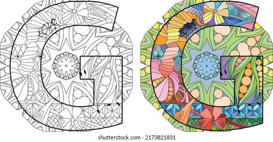 Letter G monogram on mandala, engraving design. Vector illustration for coloring. Color and outline set
