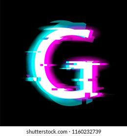 The letter G with neon and glitch effects. English alphabet. Vector.