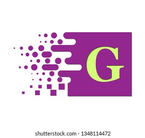 letter G on a colored square with destroyed blocks on a white background.