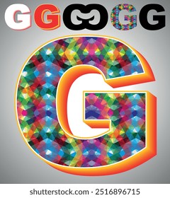 Letter G on triangular pattern mosaic royalty vector, Colorful triangles form G mosaic design, This graphic design is set against G white triangular background, Polygonal 3D Alphabet G, A to Z Letter.