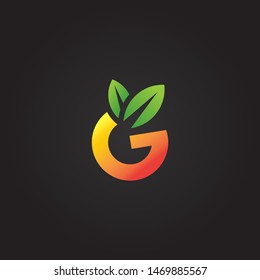 Letter G orange shape with two leafs vector illustration logo