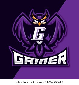 Letter G Owl Mascot esport gaming logo design, owl night bird illustration, bird gamer esport logo