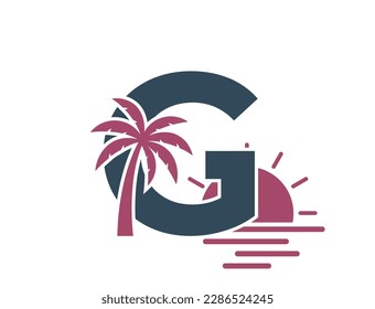 letra g con palmera y puesta de sol. las vacaciones creativas y el logotipo del alfabeto del complejo turístico. diseño de verano y turismo exótico. imagen vectorial aislada