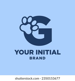 letter G paw print dog foot silhouette in negative space initial vector logo design