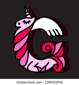 Letter "G" pegasus. Written by unicorns. Unicorn style letter. Fairytale font. Trend print on a T-shirt. Logo isolated on a black background. Metal pin. Unicorn alphabet.