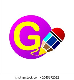Letter g with pencil in dots, colorful clipart. Simple, beautiful and cool vector graphic resource