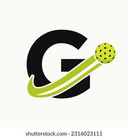 Letter G Pickleball Logo Concept With Moving Pickle Ball Symbol. Pickle Ball Logotype