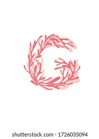Letter G pink colored seaweeds underwater ocean plant sea coral elements flat vector illustration on white background