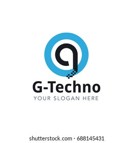 Letter G Pixel Logo Design Template With Blue Circle Isolated on White Background. Vector Illustration