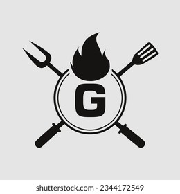 Logo del restaurante Carta G con la horquilla de la parrilla e icono de la espátula. Símbolo de parrilla caliente