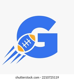 Letter G Rugby Logo Concept With Moving Rugby Ball Icon. Rugby Sports Logotype Symbol Vector Template