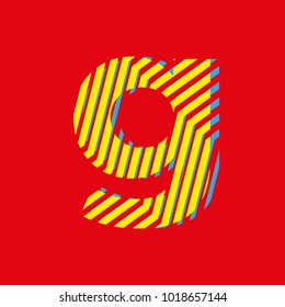 letter g, set of letters texture with zebra effect, decorative letter with yellow and blue lines red background vector, editable