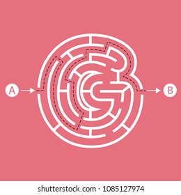 Letter G shape Maze Labyrinth, maze with one way to entrance and one way to exit. Flat design, vector illustration.