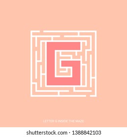 Letter G shape Maze Labyrinth, maze with one way to entrance and one way to exit. Flat design, vector illustration.