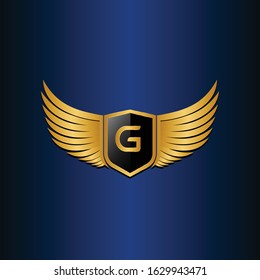 letter G shield with wings gold color logo design concept template vector 3d heraldic shield and wings logo gold / silver emblem