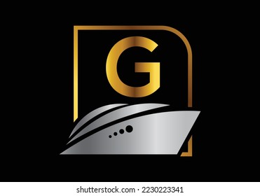 Letter G with the ship, cruise, or boat logo design template, icon sign symbol ocean waves vector illustration.