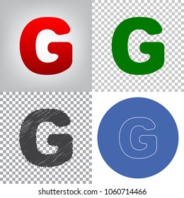 Letter G sign design template element. Vector. 4 styles. Red gradient in radial lighted background, green flat and gray scribble icons on transparent and linear one in blue circle.